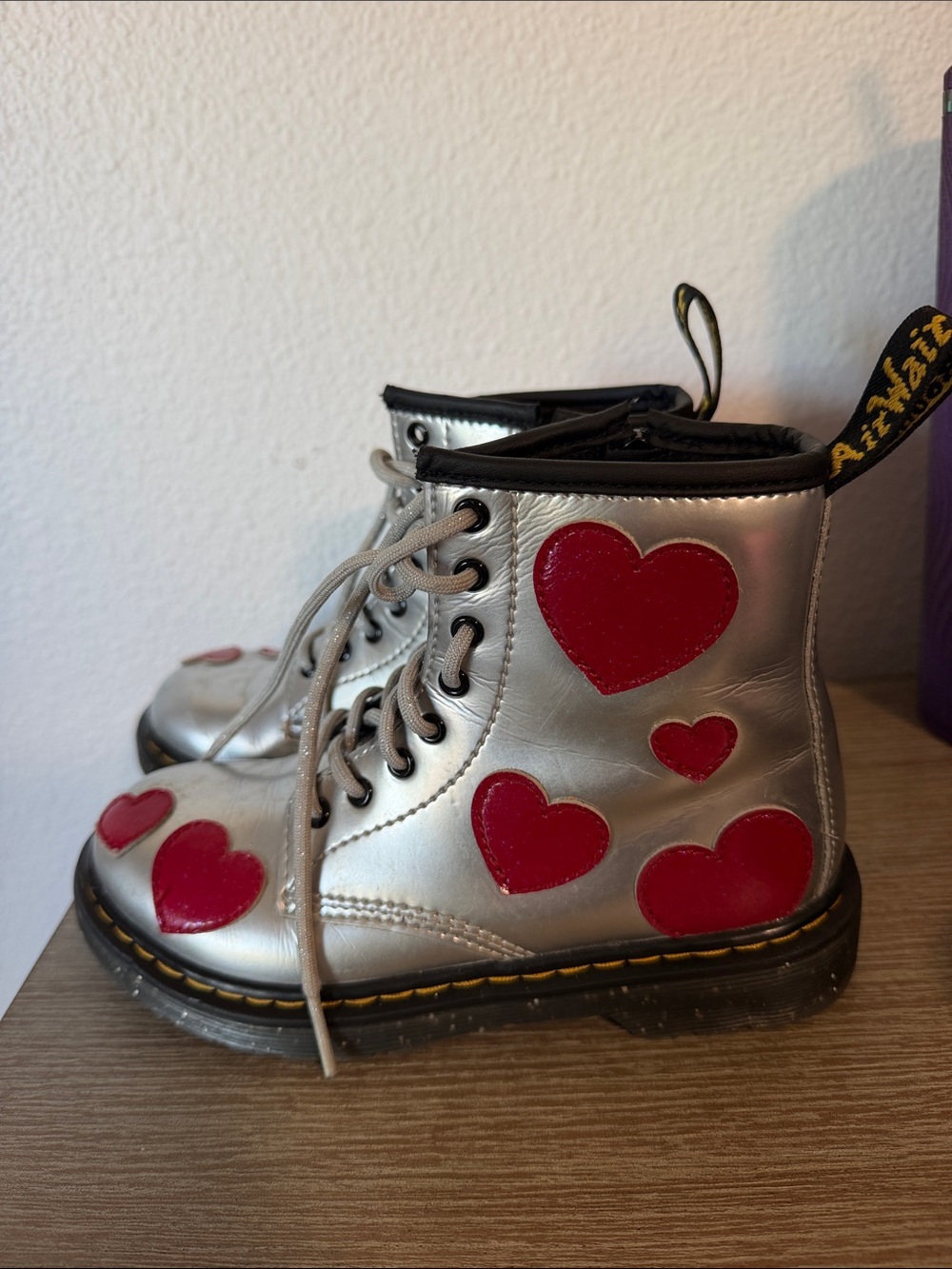 Dr. Martens Kids Silver Boots with Red Heart Accents